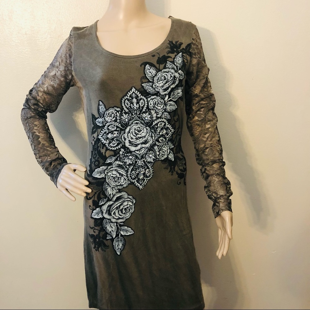 Vocal Dark Olive Green Rhinestone & Lace Long Sleeve Dress Small NWT Y2K